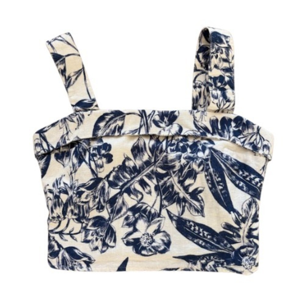Abercrombie & Fitch Linen Blend Floral Crop Top Blue White Size XS Resortcore